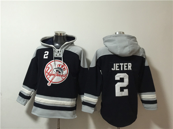 Men's New York Yankees #2 Derek Jeter Black/Grey Ageless Must-Have Lace-Up Pullover Hoodie